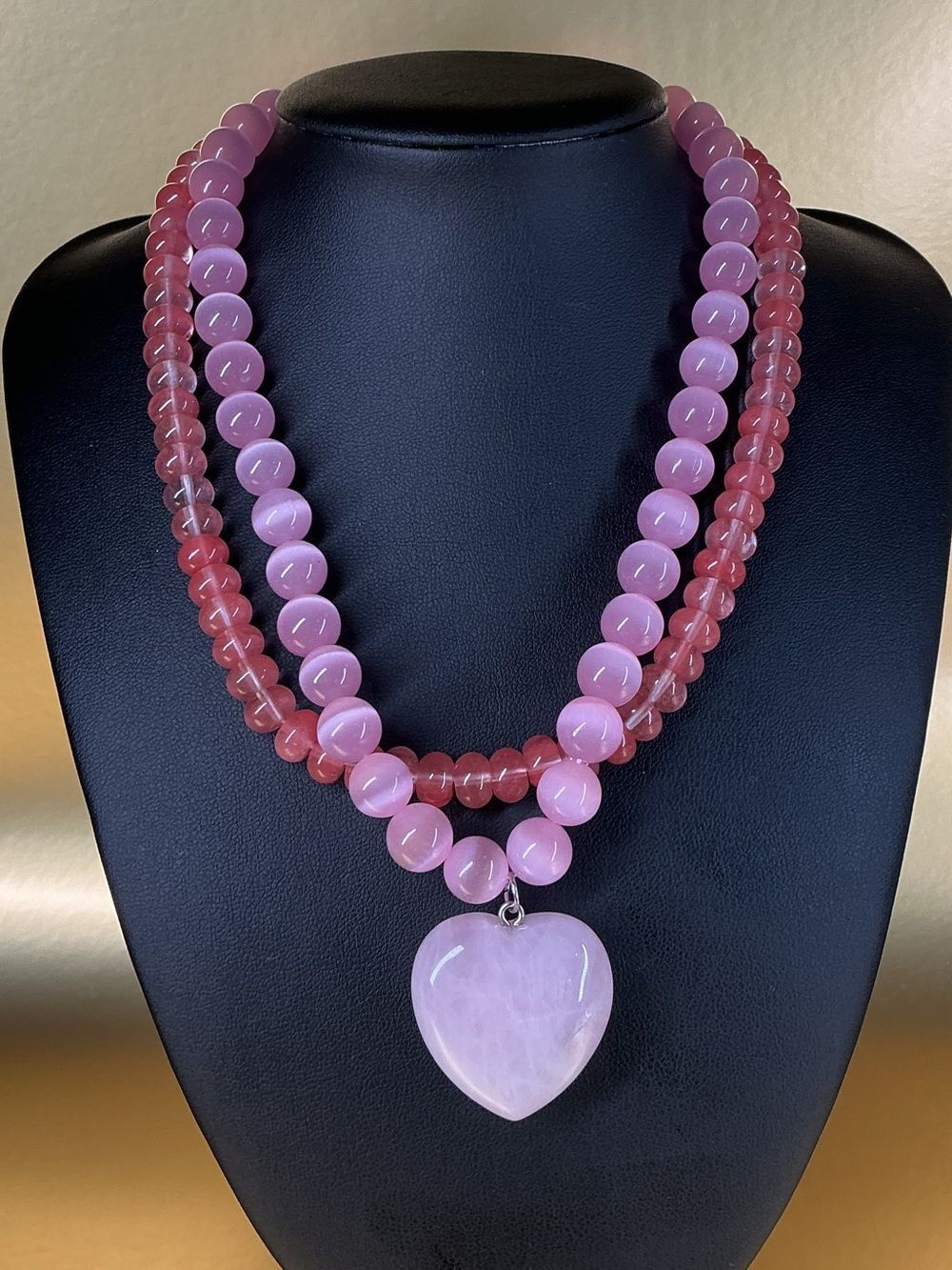 Rose Quartz Pink Beaded Necklace with Heart Pendant - powerful positive energy! - Picture 4 of 4